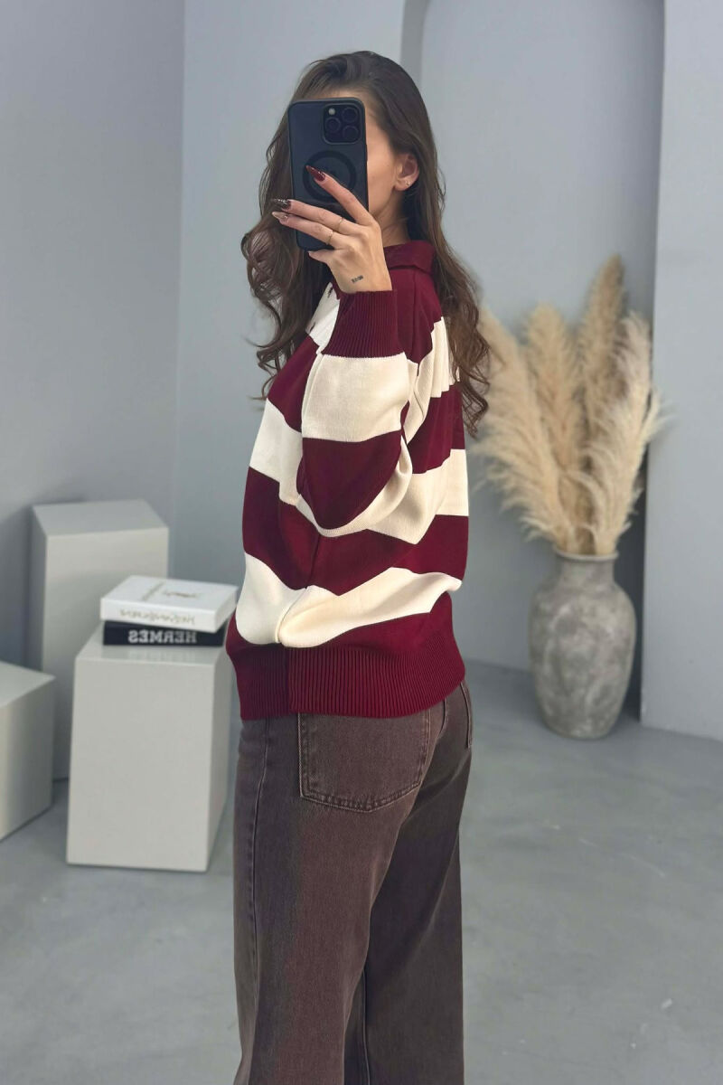 POLO NECK POCKET DETAIL STRIPED WOMEN SWEATER BURGUNDY/VISHNJE - 3