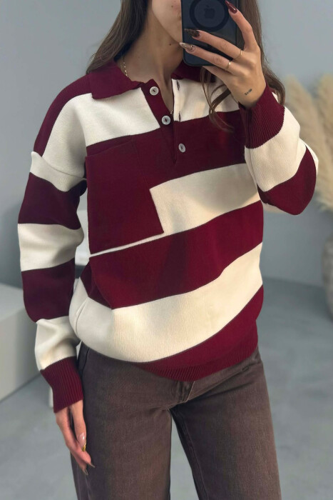 POLO NECK POCKET DETAIL STRIPED WOMEN SWEATER BURGUNDY/VISHNJE - 4
