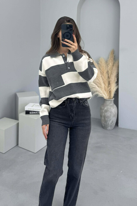 POLO NECK POCKET DETAIL STRIPED WOMEN SWEATER GREY/GRI 
