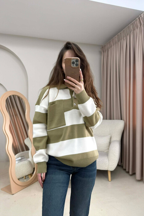 POLO NECK POCKET DETAIL STRIPED WOMEN SWEATER OLIVE/ULLI - KLAUDIO FASHION