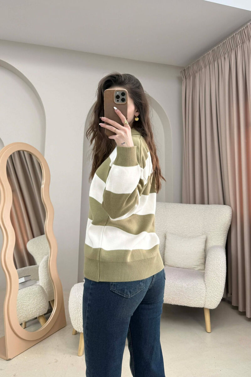 POLO NECK POCKET DETAIL STRIPED WOMEN SWEATER OLIVE/ULLI - 2