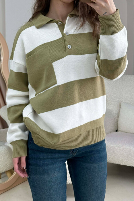 POLO NECK POCKET DETAIL STRIPED WOMEN SWEATER OLIVE/ULLI - 3