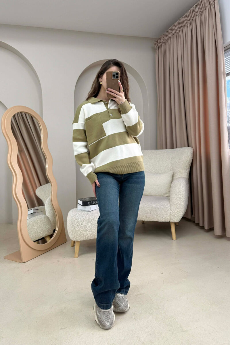 POLO NECK POCKET DETAIL STRIPED WOMEN SWEATER OLIVE/ULLI - 4