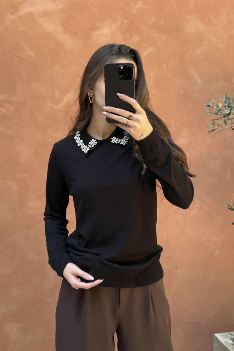 POLO NECK SHINY STONES DETAIL WOMEN SWEATER BLACK/ E ZEZE - 3