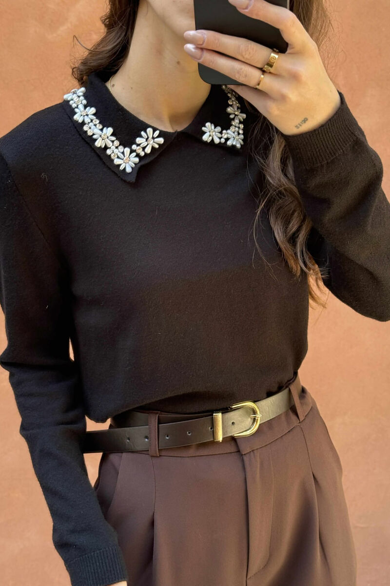 POLO NECK SHINY STONES DETAIL WOMEN SWEATER BLACK/ E ZEZE - 4