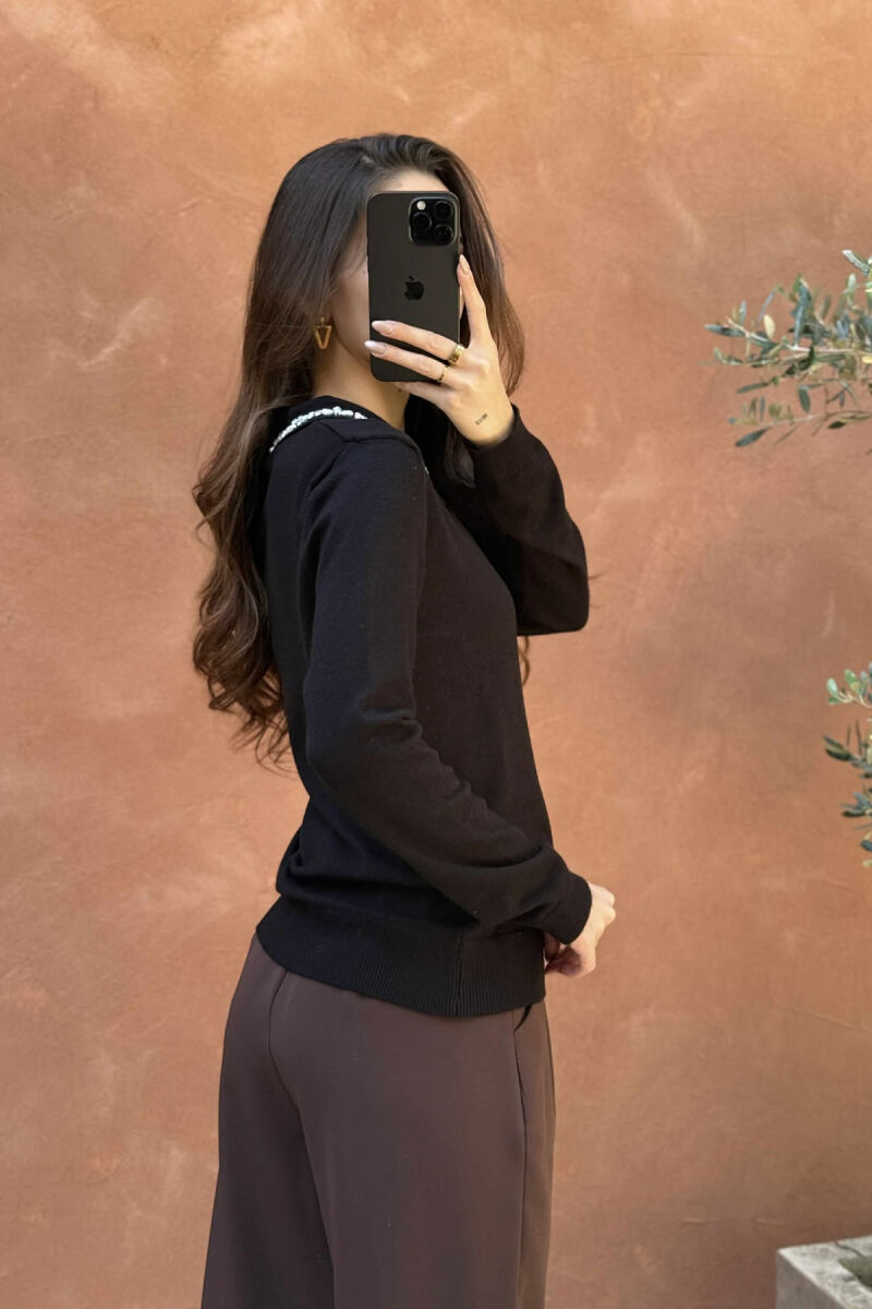 POLO NECK SHINY STONES DETAIL WOMEN SWEATER BLACK/ E ZEZE - 5