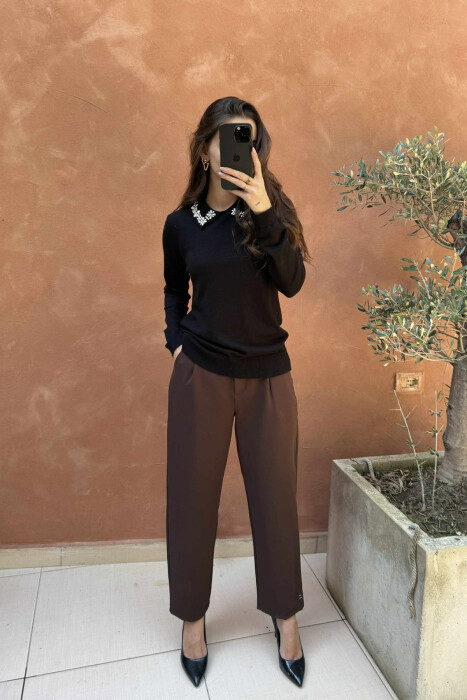 POLO NECK SHINY STONES DETAIL WOMEN SWEATER BLACK/ E ZEZE 