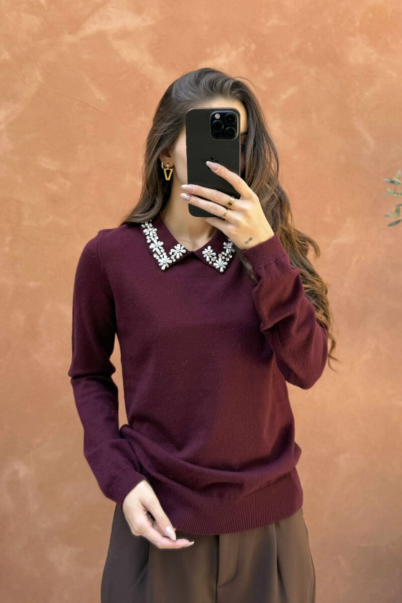 POLO NECK SHINY STONES DETAIL WOMEN SWEATER BURGUNDY/VISHNJE - 3