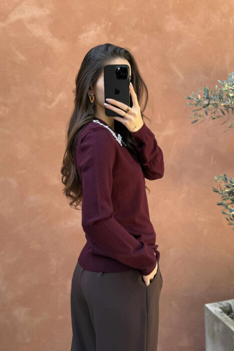 POLO NECK SHINY STONES DETAIL WOMEN SWEATER BURGUNDY/VISHNJE - 4