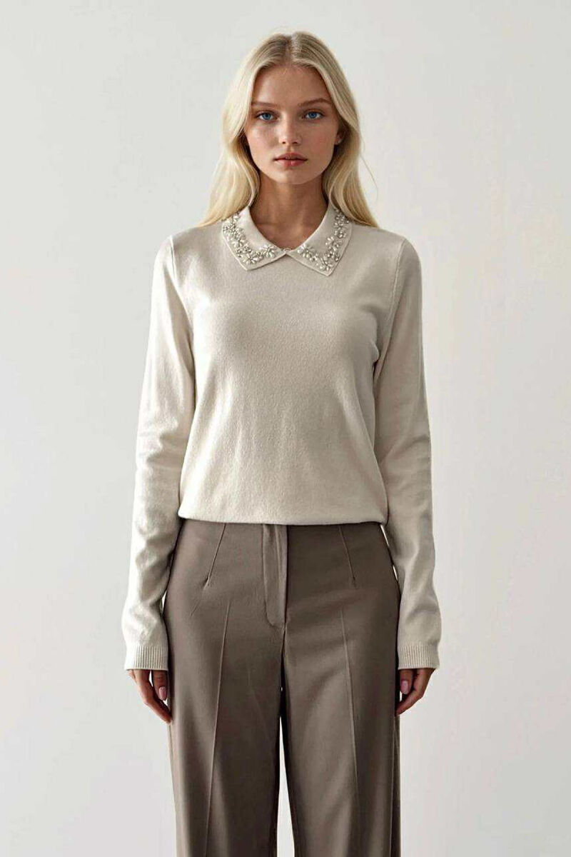POLO NECK SHINY STONES DETAIL WOMEN SWEATER CREAM/KREM - 1