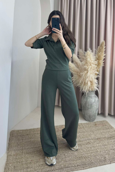 POLO NECK SHIRT+TROUSERS ONE COLOR WOMEN SET GREEN/JESHILE 