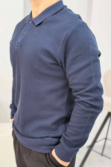 POLO NECK SIMPLE MEN SWEATSHIRT DARK BLUE/BEE - 2