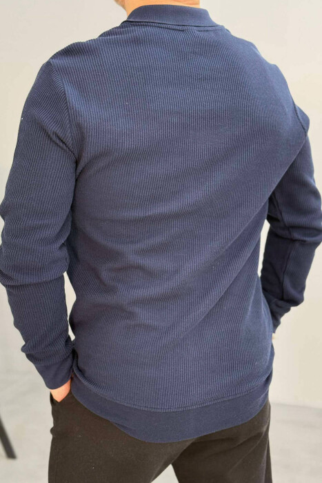 POLO NECK SIMPLE MEN SWEATSHIRT DARK BLUE/BEE - 3