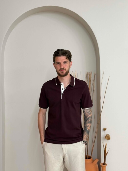 POLO NECK SIMPLE MEN T-SHIRT BURGUNDY/VISHNJE - 1