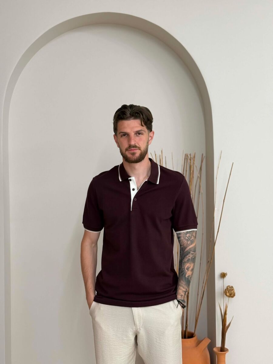 POLO NECK SIMPLE MEN T-SHIRT BURGUNDY/VISHNJE - 1