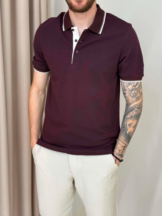 POLO NECK SIMPLE MEN T-SHIRT BURGUNDY/VISHNJE - 2