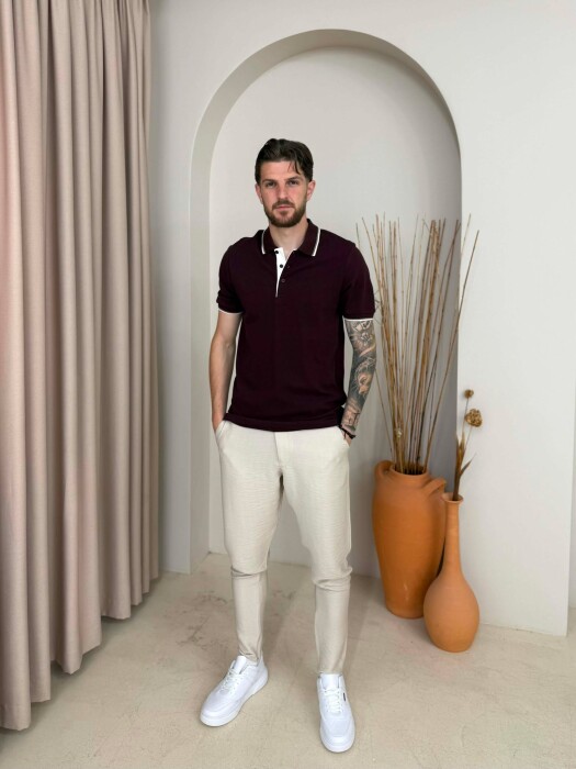 POLO NECK SIMPLE MEN T-SHIRT BURGUNDY/VISHNJE - 3