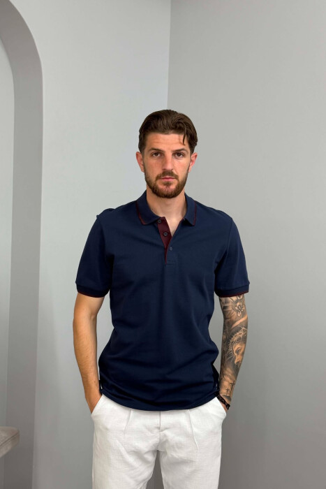POLO NECK SIMPLE MEN T-SHIRT DARK BLUE/BEE - KLAUDIO FASHION