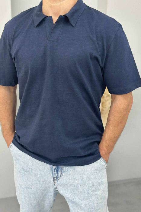 POLO NECK SIMPLE MEN T-SHIRT DARK BLUE/BEE 