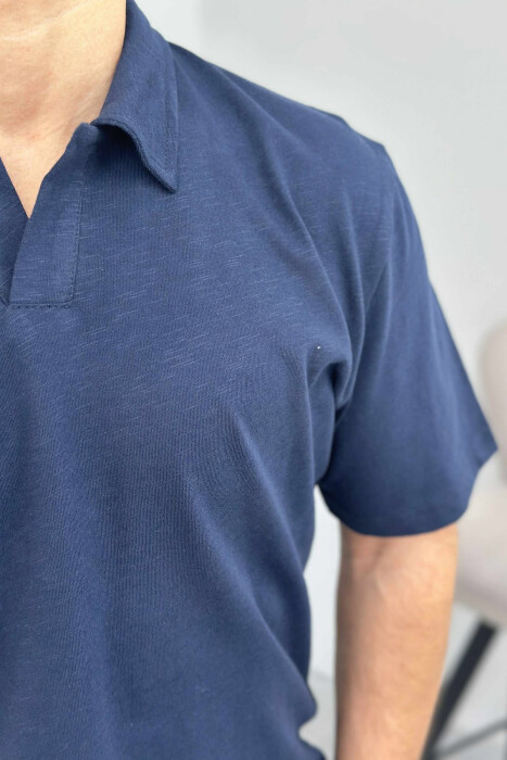 POLO NECK SIMPLE MEN T-SHIRT DARK BLUE/BEE - 3