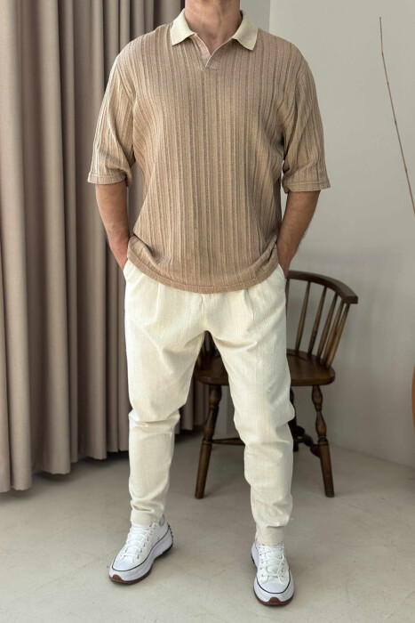 POLO NECK SIMPLE MEN T-SHIRT LIGHT BROWN/KAZB - 1