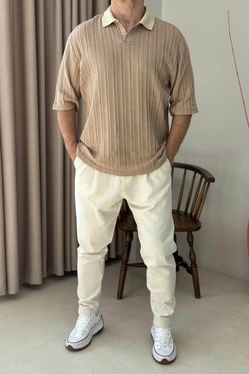 POLO NECK SIMPLE MEN T-SHIRT LIGHT BROWN/KAZB - 1