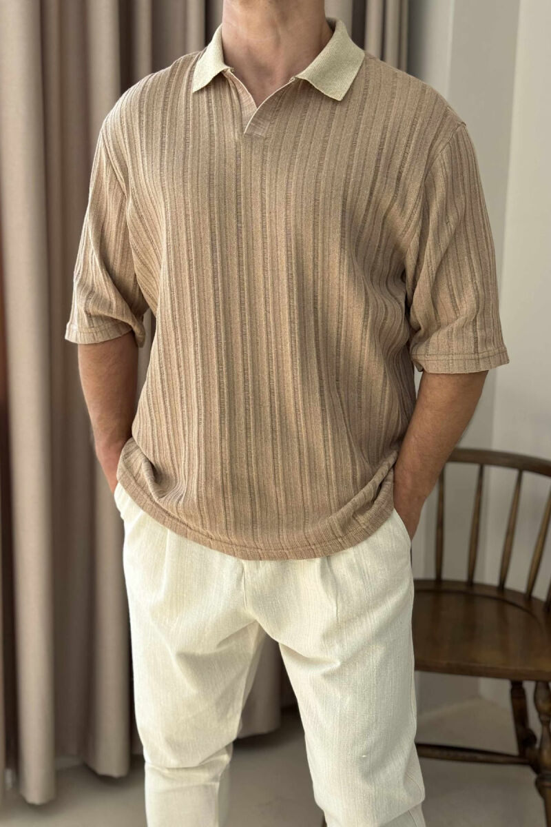 POLO NECK SIMPLE MEN T-SHIRT LIGHT BROWN/KAZB - 2