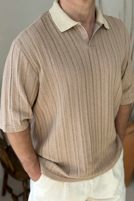 POLO NECK SIMPLE MEN T-SHIRT LIGHT BROWN/KAZB - 3