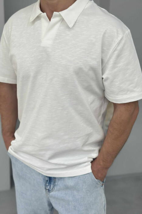 POLO NECK SIMPLE MEN T-SHIRT WHITE-E BARDHE - 3