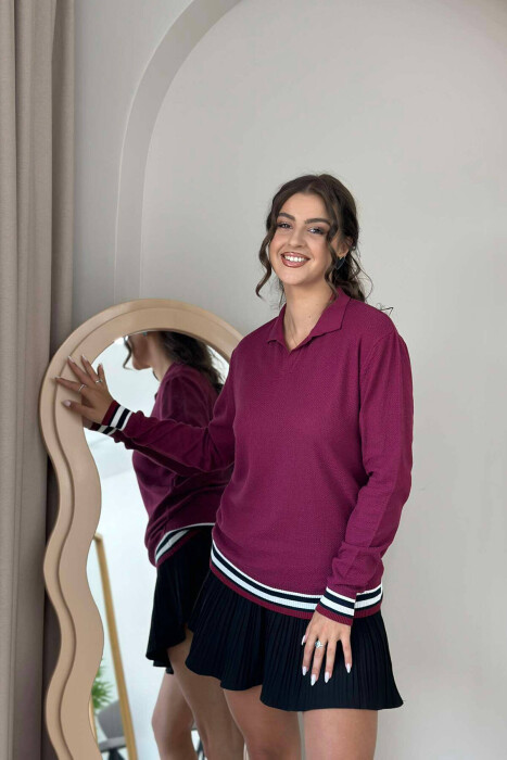 POLO NECK SIMPLE WOMEN SWEATER BURGUNDY/VISHNJE - KLAUDIO FASHION