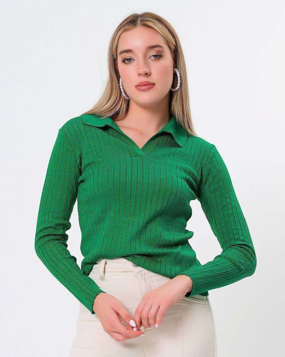 POLO NECK SIMPLE WOMEN SWEATER GREEN/JESHILE - 1