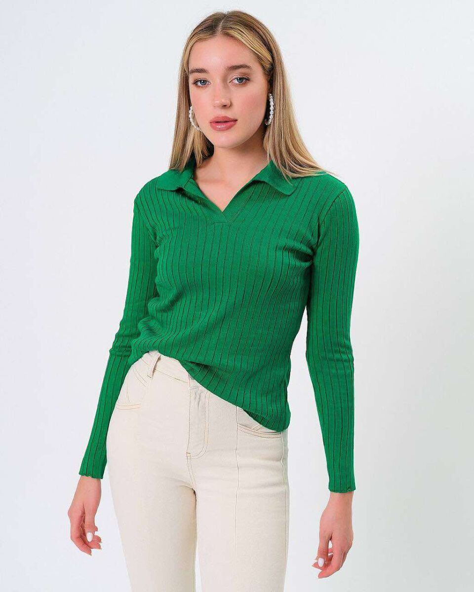 POLO NECK SIMPLE WOMEN SWEATER GREEN/JESHILE - 2