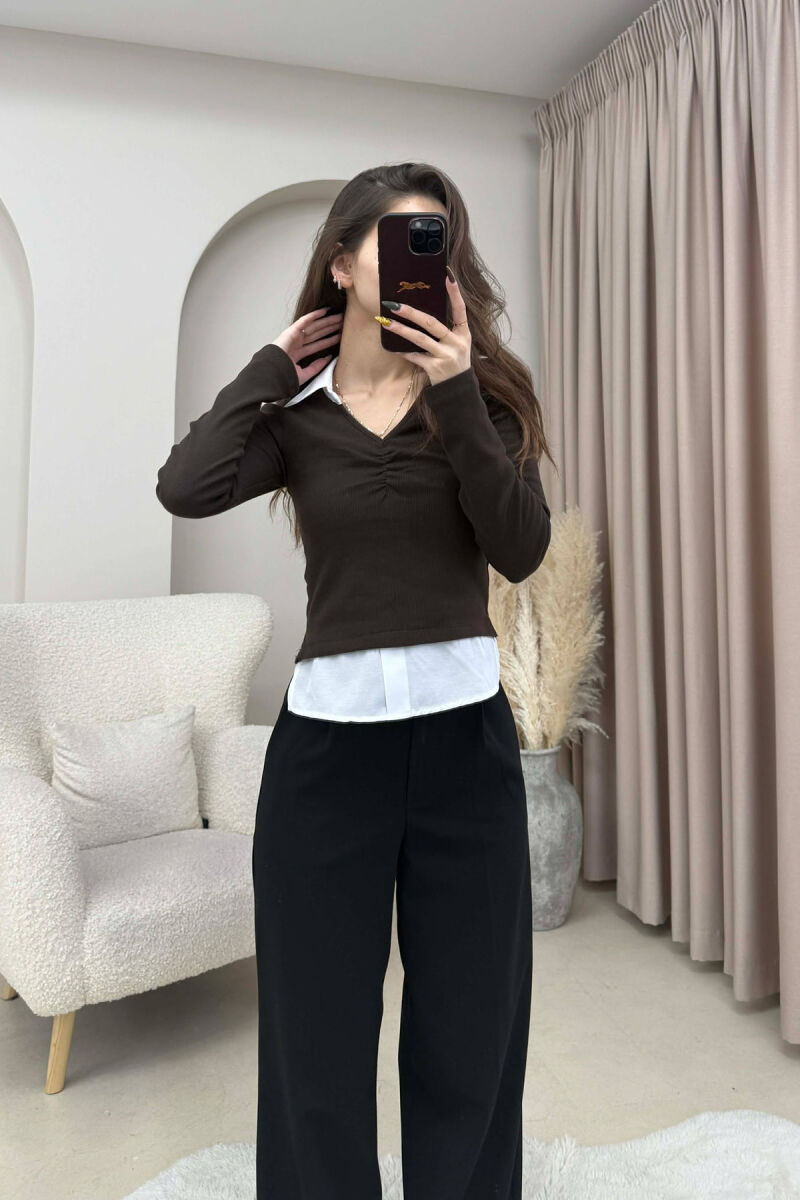 POLO NECK SIMPLE WOMEN SWEATSHIRT BROWN/KAFE - 1