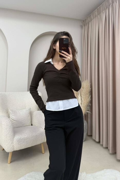 POLO NECK SIMPLE WOMEN SWEATSHIRT BROWN/KAFE - 4