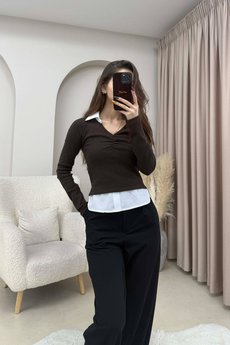 POLO NECK SIMPLE WOMEN SWEATSHIRT BROWN/KAFE - 4