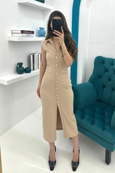 POLO NECK SLEEVELESS BUTTONED WOMEN DRESS BEIGE/BEZHE 