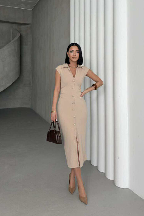 POLO NECK SLEEVELESS BUTTONED WOMEN DRESS BEIGE/BEZHE - KLAUDIO FASHION