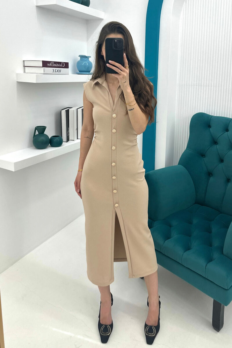 POLO NECK SLEEVELESS BUTTONED WOMEN DRESS BEIGE/BEZHE - 1