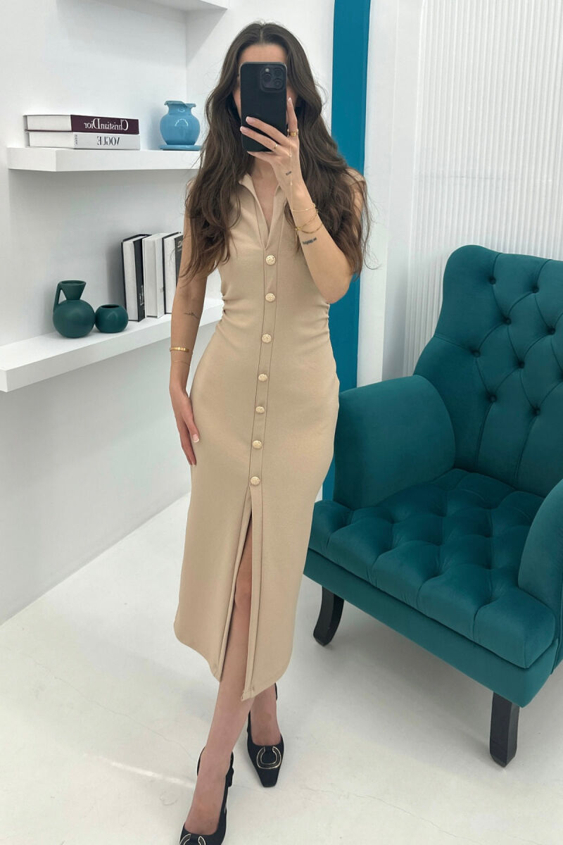POLO NECK SLEEVELESS BUTTONED WOMEN DRESS BEIGE/BEZHE - 2