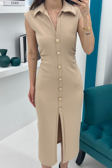POLO NECK SLEEVELESS BUTTONED WOMEN DRESS BEIGE/BEZHE - 3