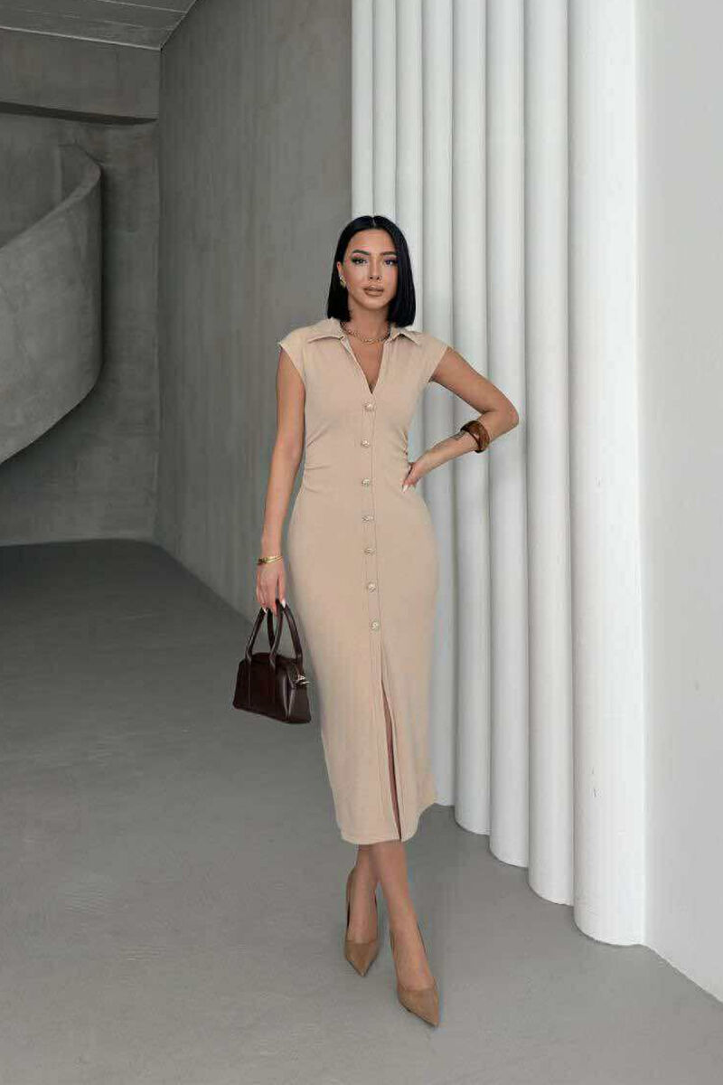 POLO NECK SLEEVELESS BUTTONED WOMEN DRESS BEIGE/BEZHE - 1