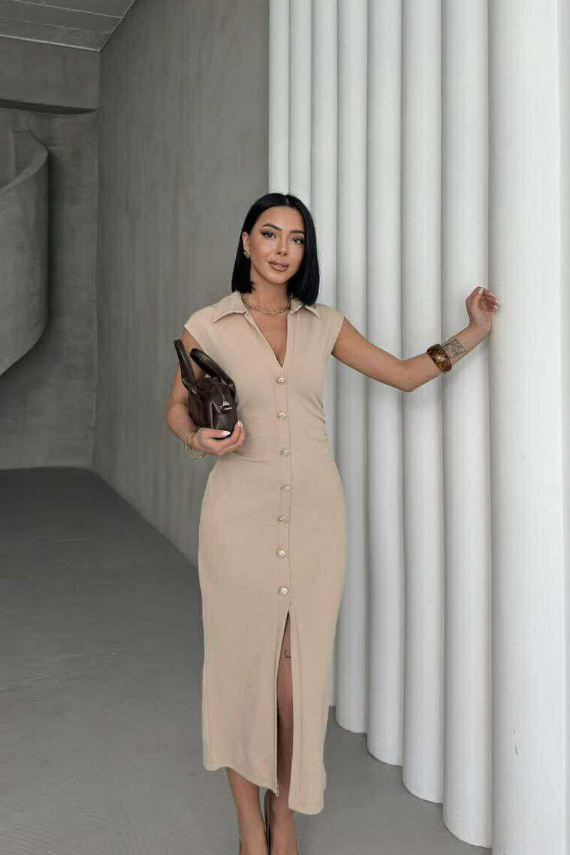 POLO NECK SLEEVELESS BUTTONED WOMEN DRESS BEIGE/BEZHE - 2