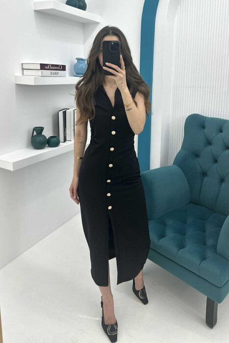 POLO NECK SLEEVELESS BUTTONED WOMEN DRESS BLACK/ E ZEZE - 4