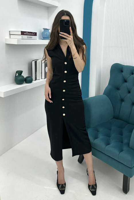 POLO NECK SLEEVELESS BUTTONED WOMEN DRESS BLACK/ E ZEZE 