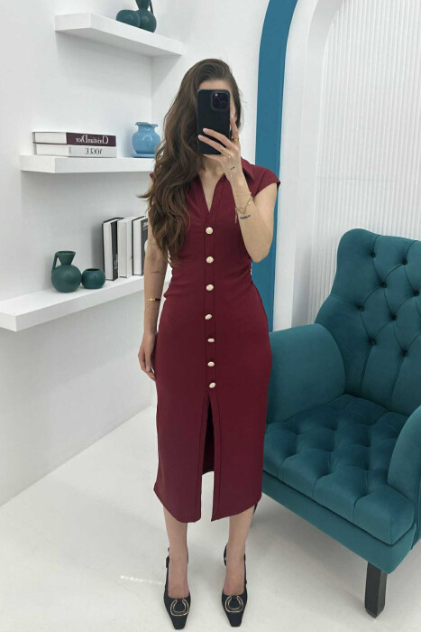 POLO NECK SLEEVELESS BUTTONED WOMEN DRESS BURGUNDY/VISHNJE 