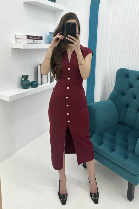 POLO NECK SLEEVELESS BUTTONED WOMEN DRESS BURGUNDY/VISHNJE - 2