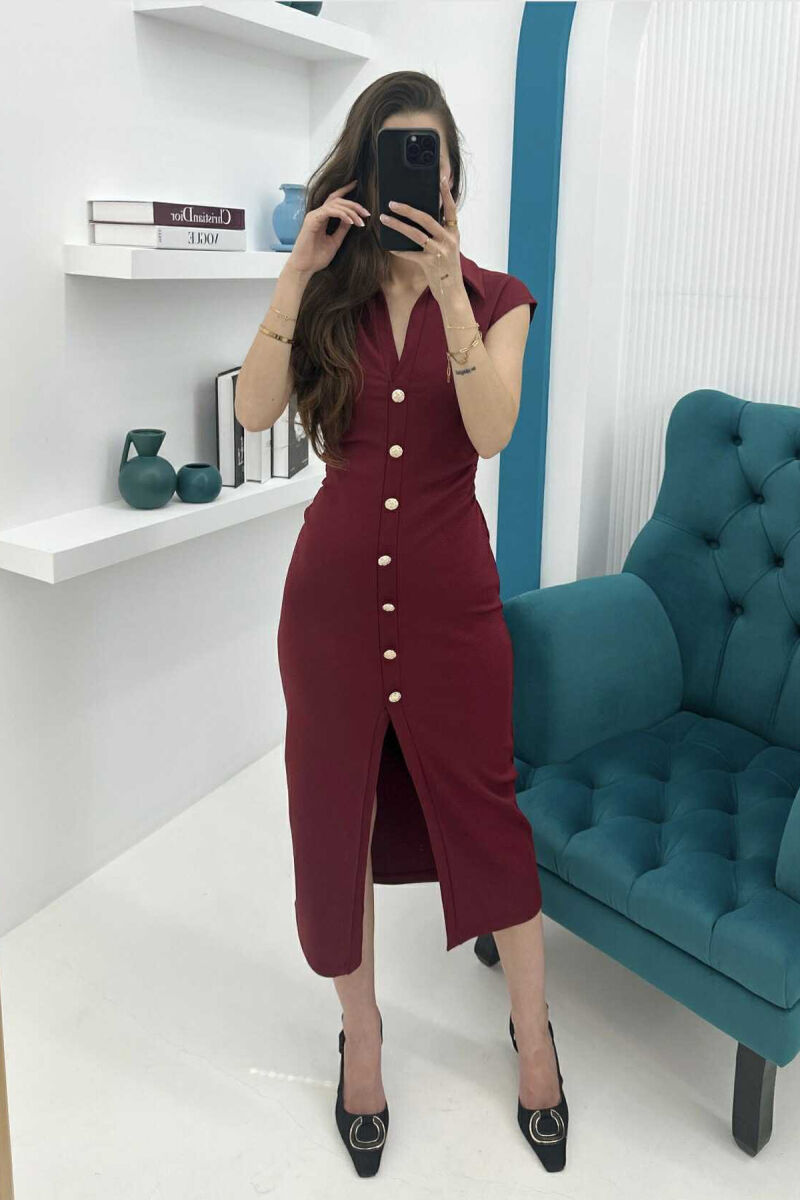 POLO NECK SLEEVELESS BUTTONED WOMEN DRESS BURGUNDY/VISHNJE - 2