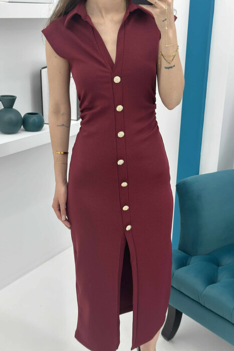 POLO NECK SLEEVELESS BUTTONED WOMEN DRESS BURGUNDY/VISHNJE - 4