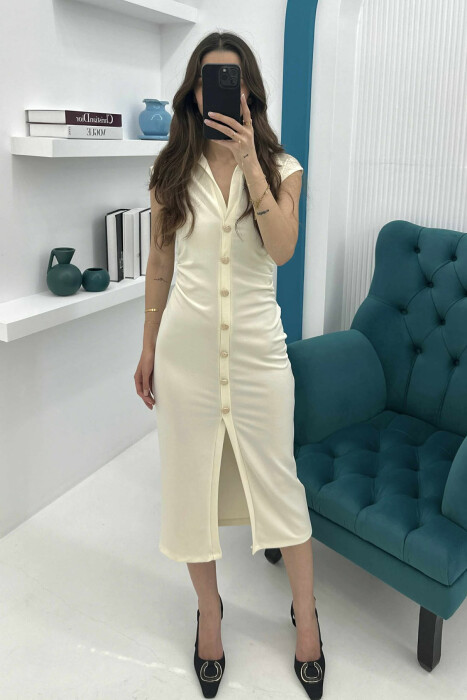 POLO NECK SLEEVELESS BUTTONED WOMEN DRESS CREAM/KREM 