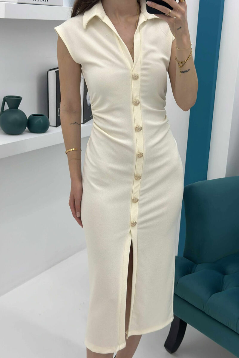 POLO NECK SLEEVELESS BUTTONED WOMEN DRESS CREAM/KREM - 2